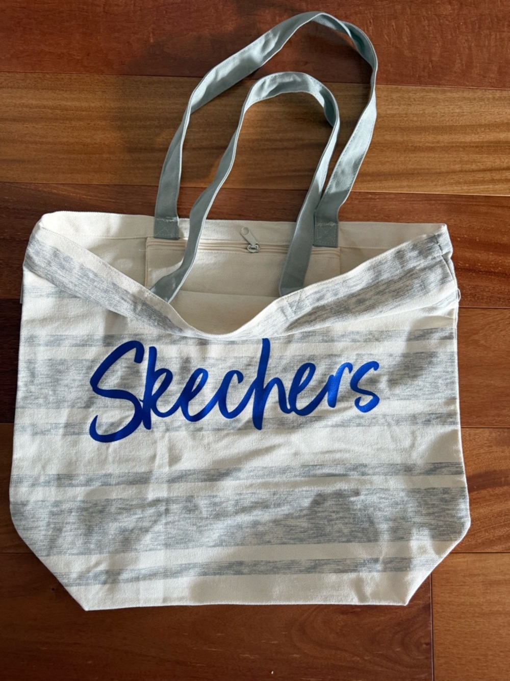 Skechers Canvas Tote with Blue Script on White and Light Gray Stripes